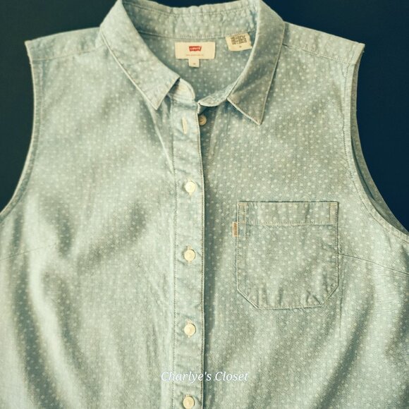 Levi's Vintage Womens 90s Sleeveless Polka Dot Cotton Button-Down Shirt M - Picture 4 of 12